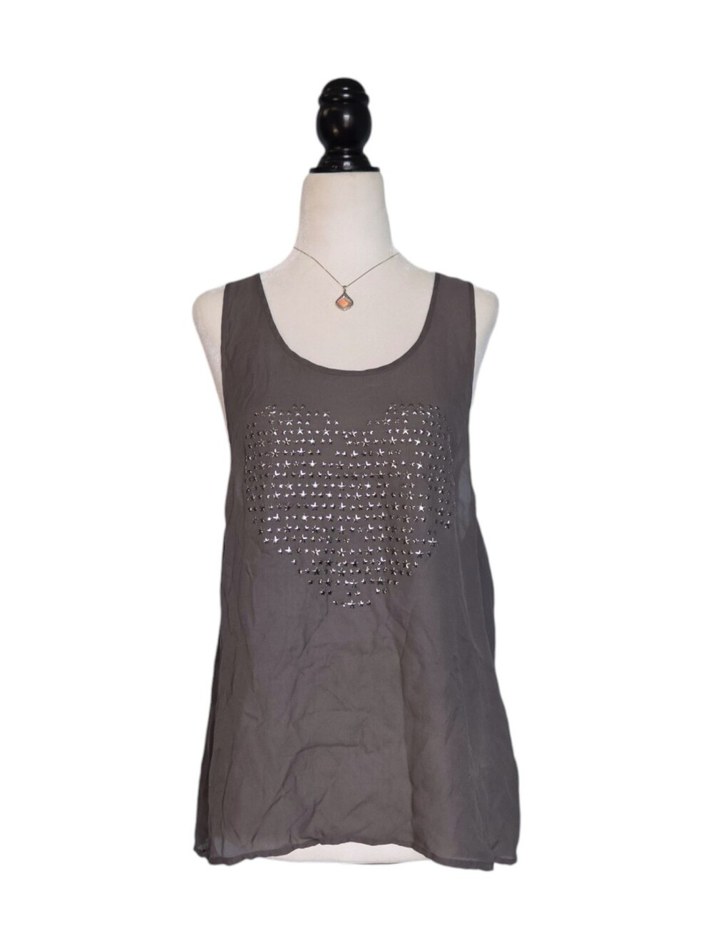 L'AGENCE Studded Rhinestone Heart 100% Silk Muted Grey Tank Top